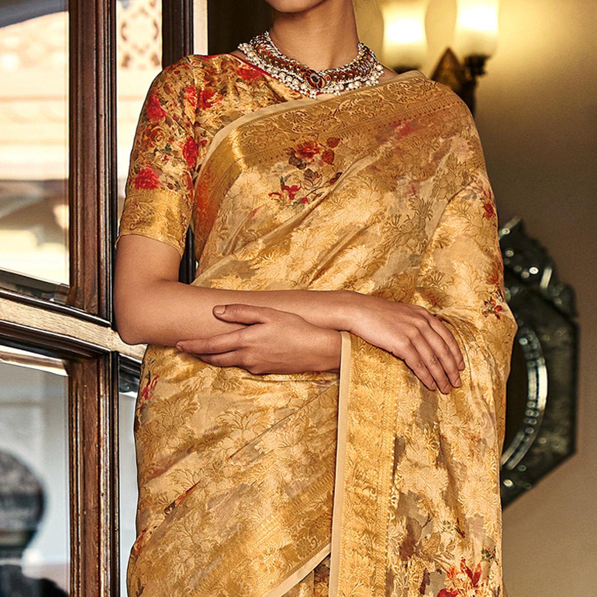 Cream Woven With Printed Cotton Silk Saree With Tassels - Peachmode