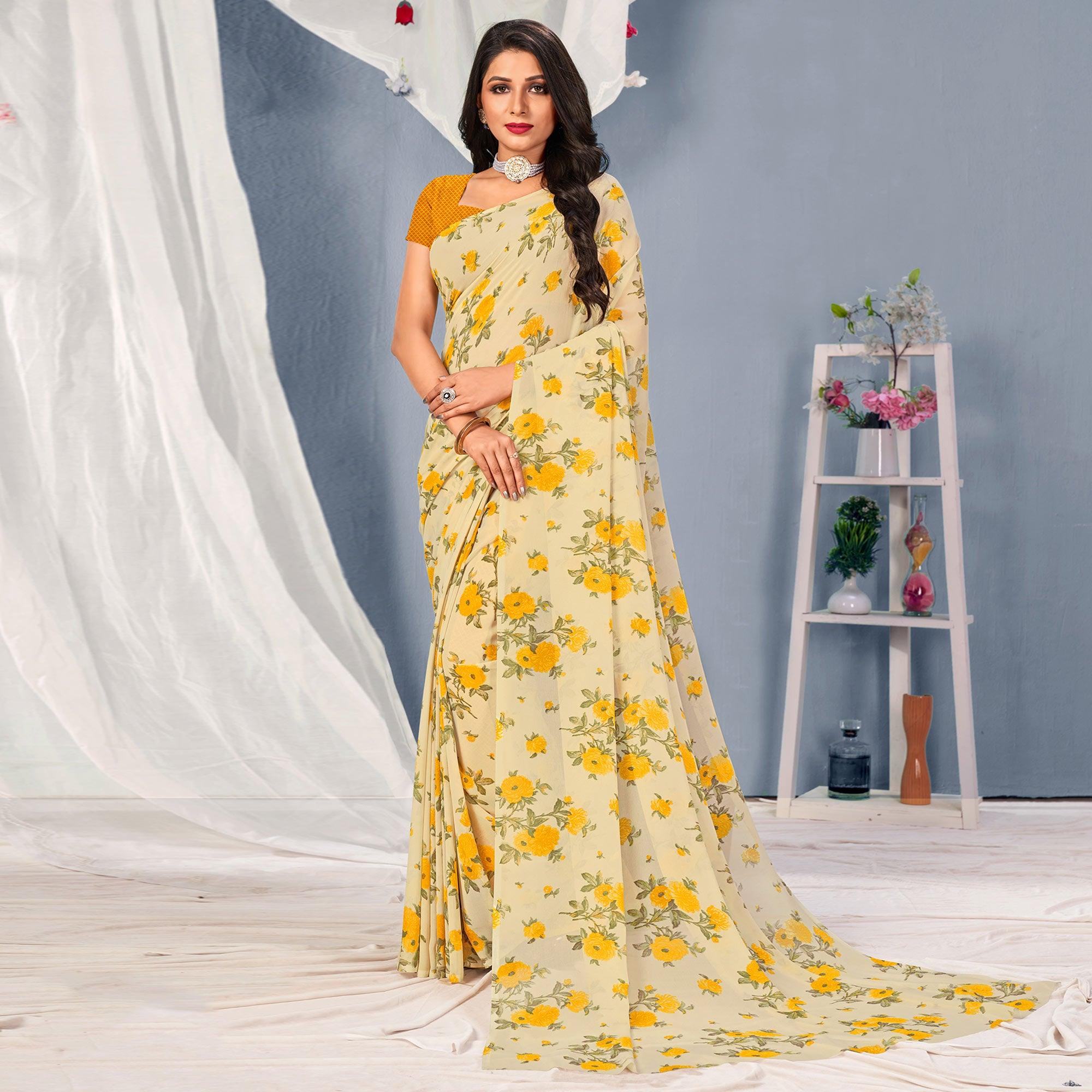 Cream-Yellow Floral Printed Georgette Saree - Peachmode