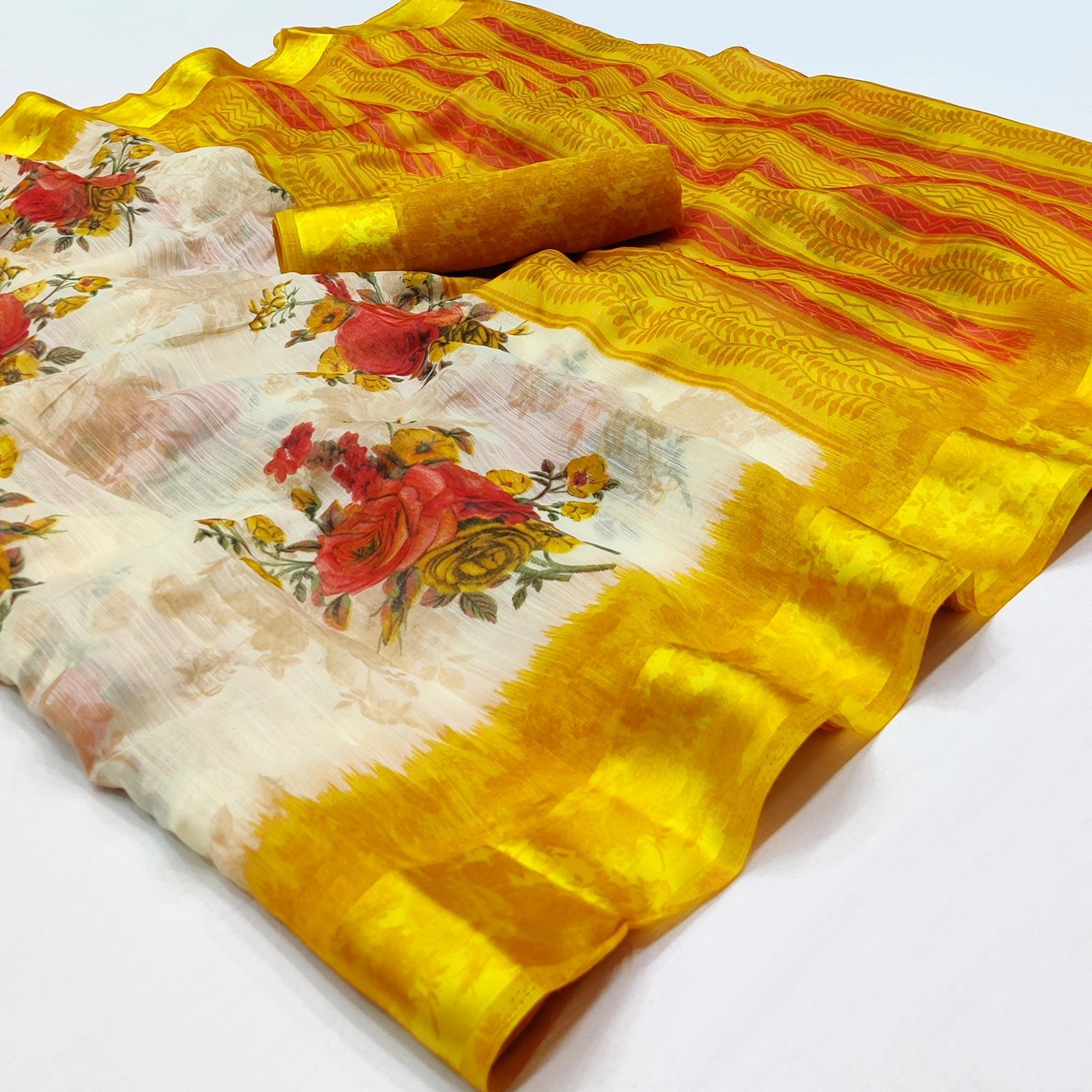 Cream-Yellow Floral Printed Linen Saree - Peachmode