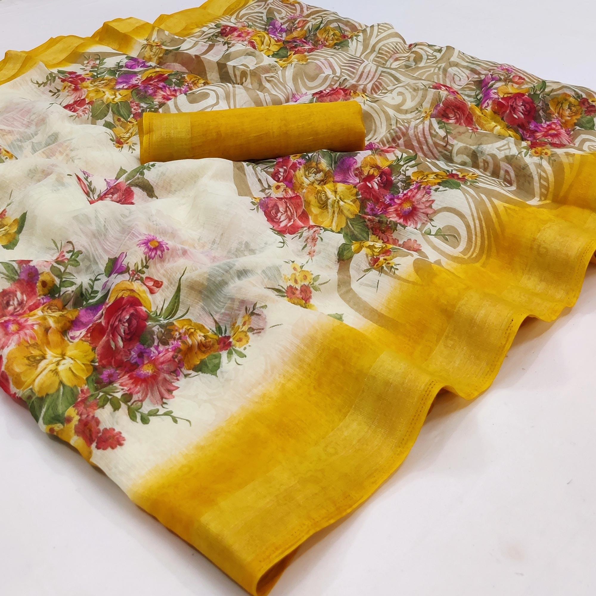 Cream-Yellow Floral Printed Linen Saree - Peachmode