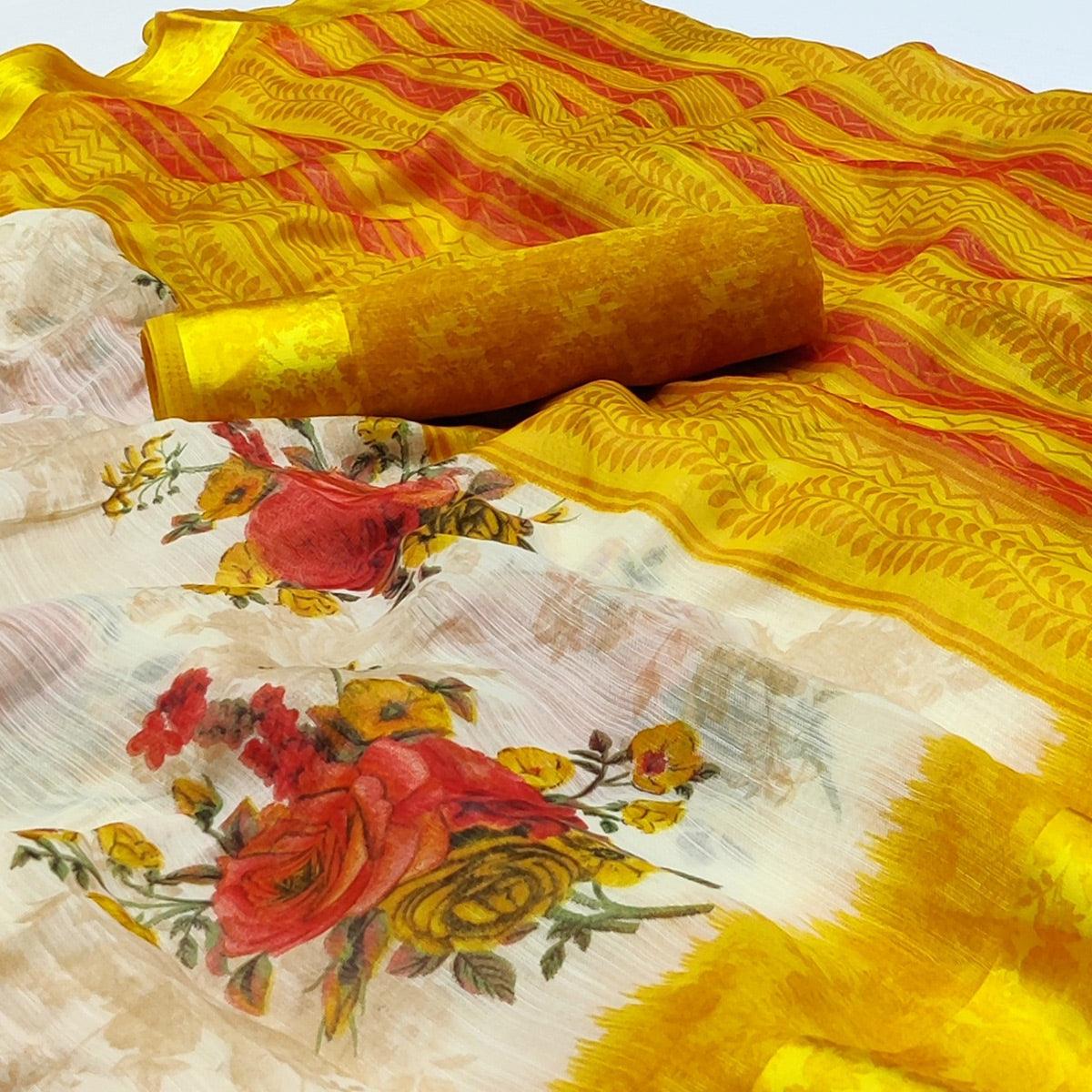 Cream-Yellow Floral Printed Linen Saree - Peachmode