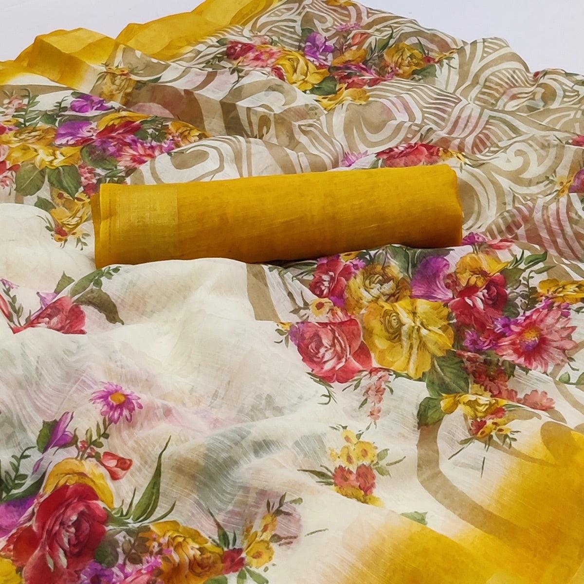 Cream-Yellow Floral Printed Linen Saree - Peachmode
