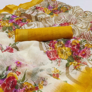 Cream-Yellow Floral Printed Linen Saree - Peachmode