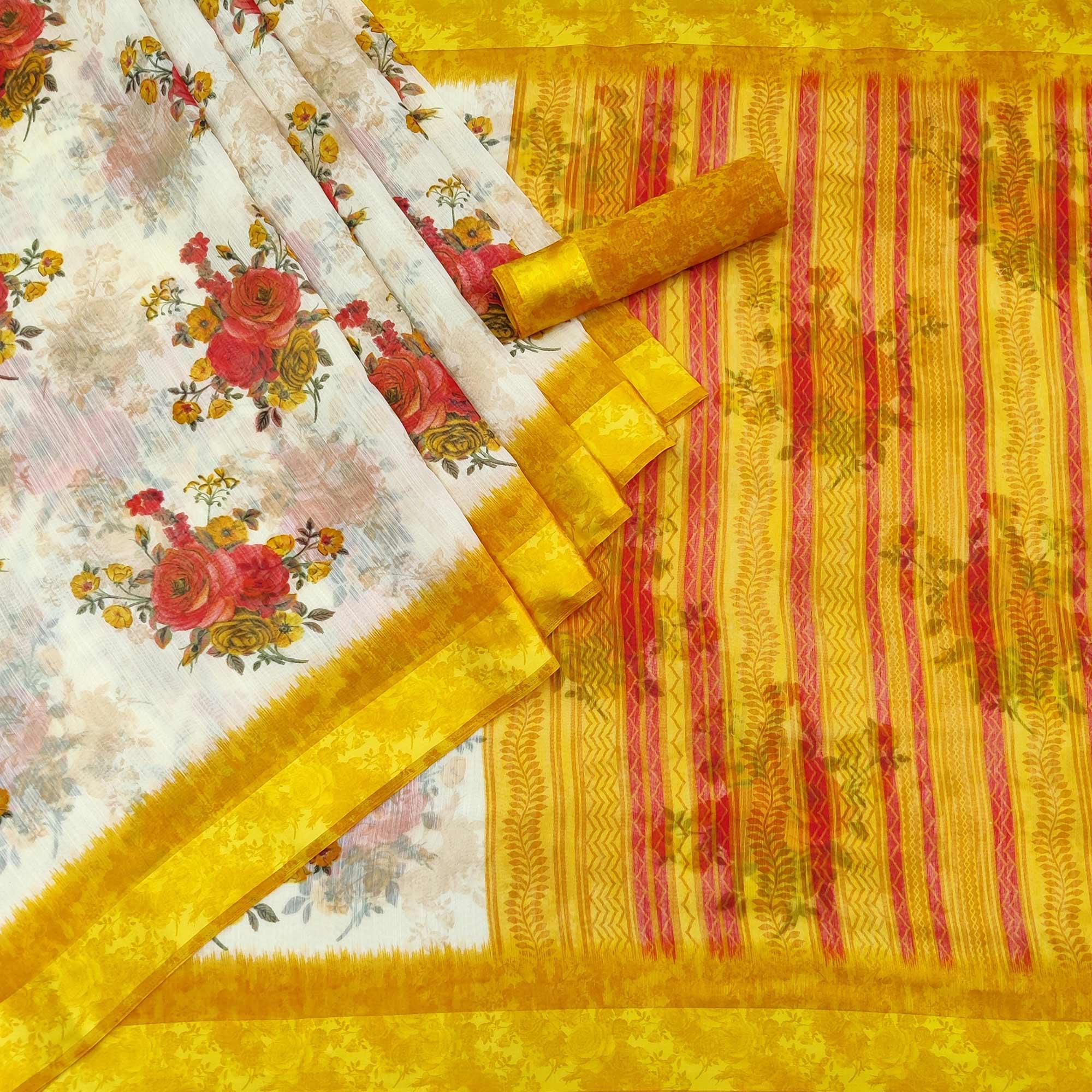 Cream-Yellow Floral Printed Linen Saree - Peachmode