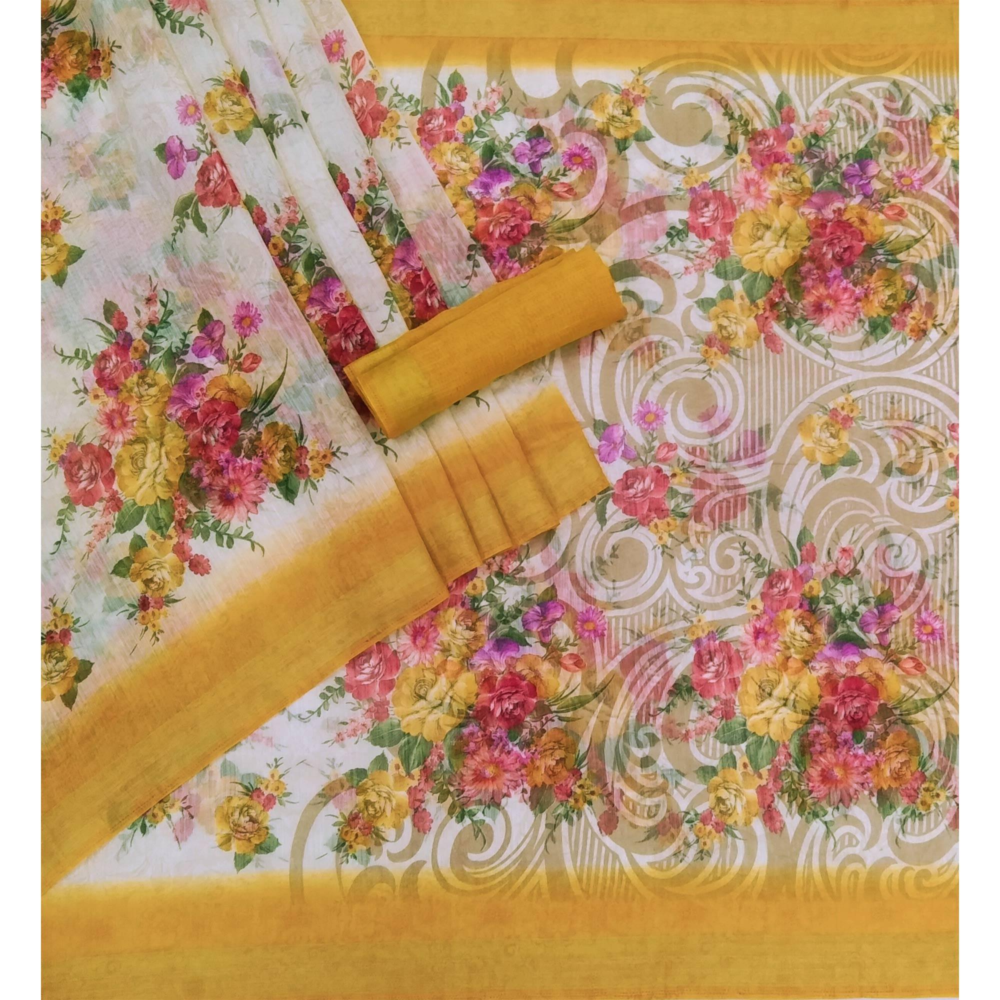 Cream-Yellow Floral Printed Linen Saree - Peachmode