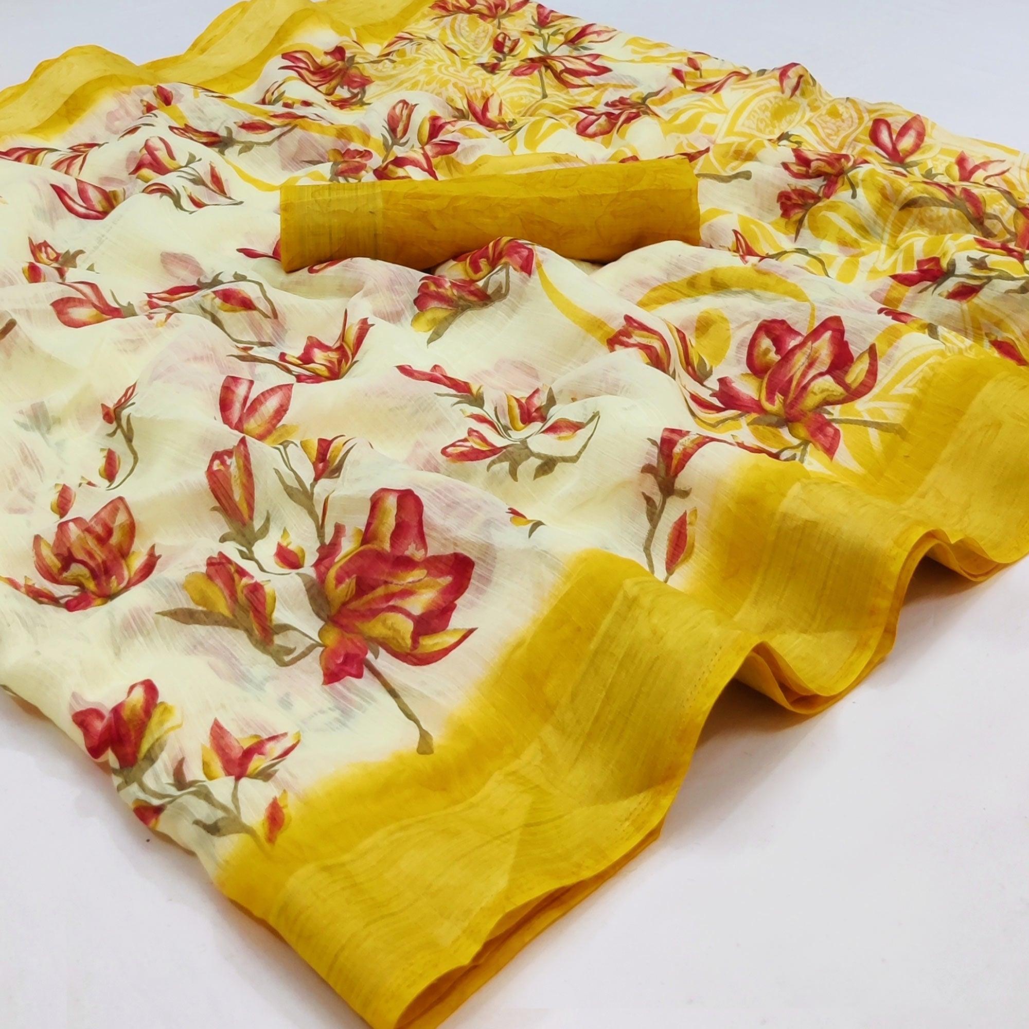 Cream-Yellow Printed Linen Saree - Peachmode