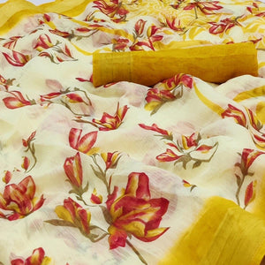 Cream-Yellow Printed Linen Saree - Peachmode