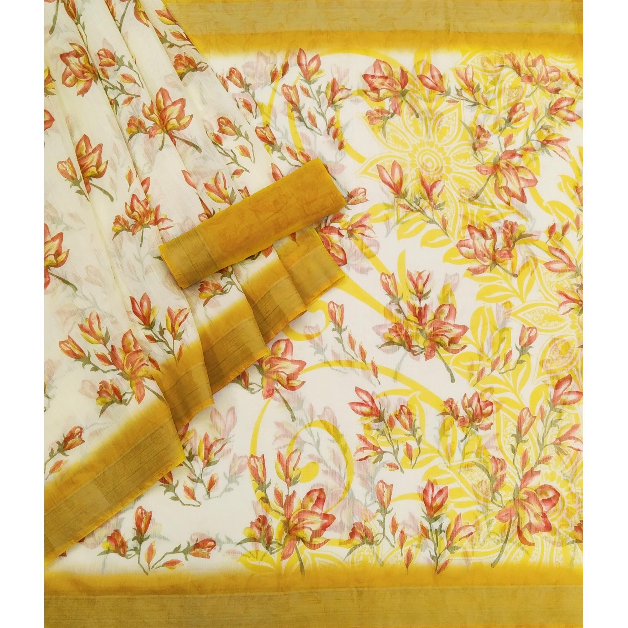 Cream-Yellow Printed Linen Saree - Peachmode