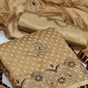 Cream Zardosi Work Fancy Fabric Dress Material - Peachmode