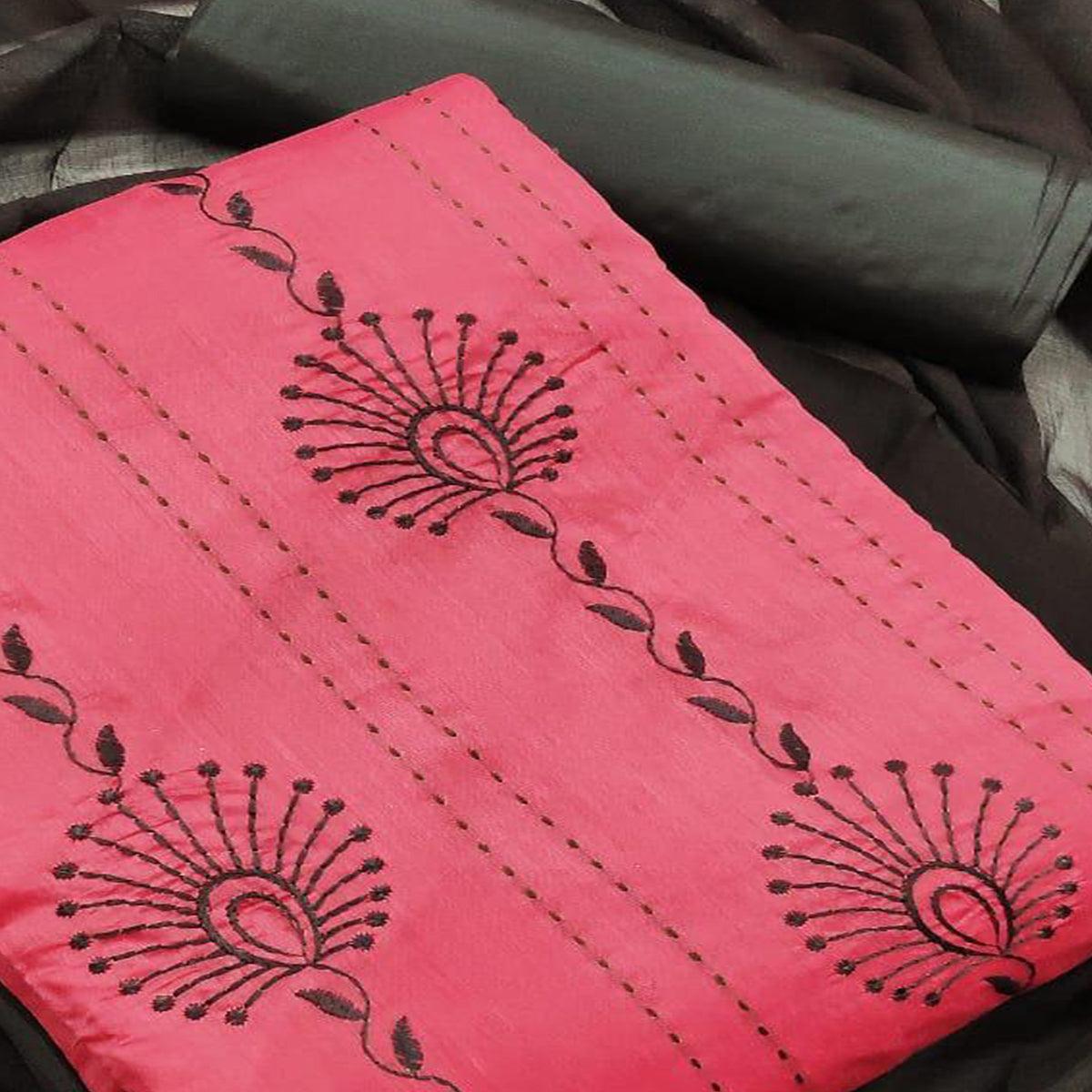 Crimson Red - Brown Embroidered Chanderi Dress Material - Peachmode