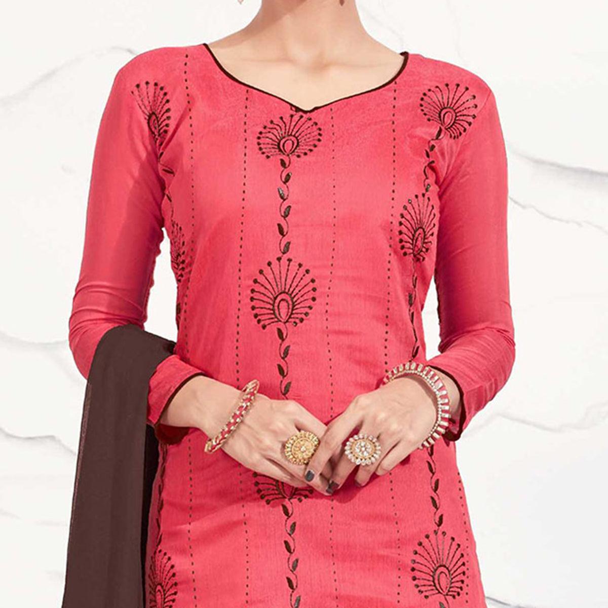 Crimson Red - Brown Embroidered Chanderi Dress Material - Peachmode