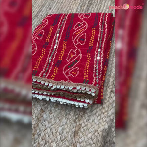 Red Bandhani Printed With Sequins Work Georgette Saree