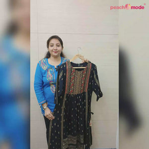 Black Printed With Embroidered Rayon Nair Cut Kurti