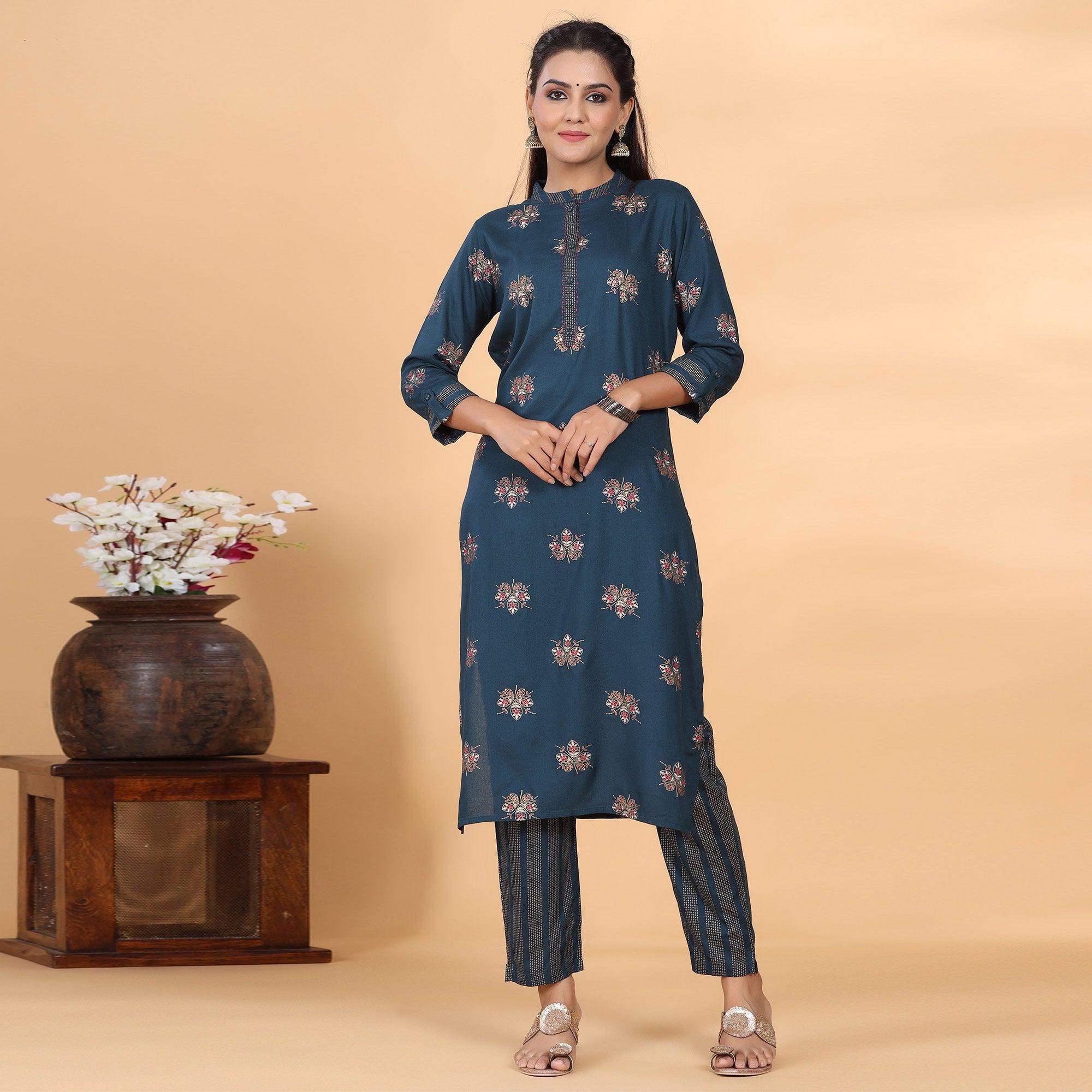 Dark Blue Casual Wear Embroidered Cotton Kurti - Peachmode
