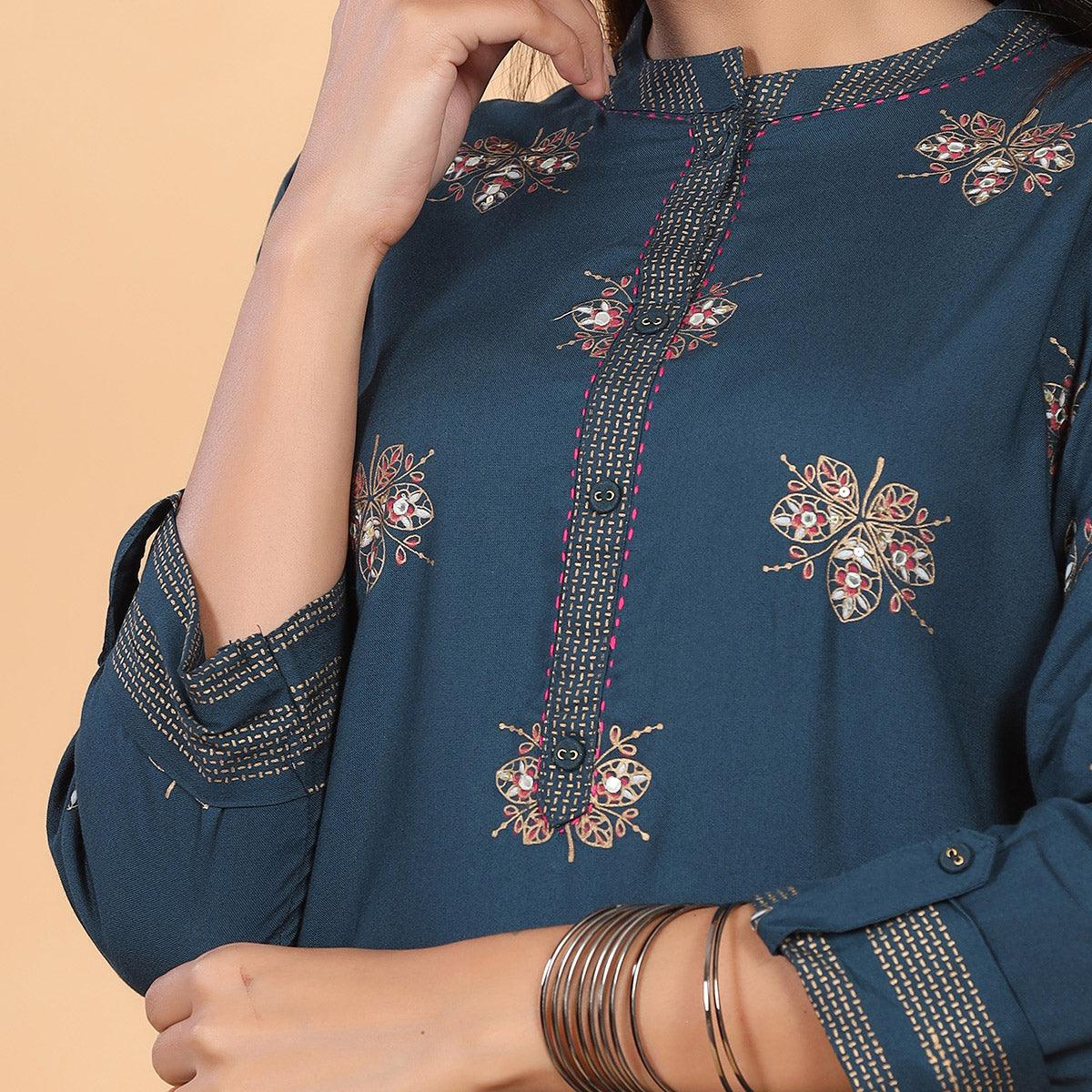Dark Blue Casual Wear Embroidered Cotton Kurti - Peachmode