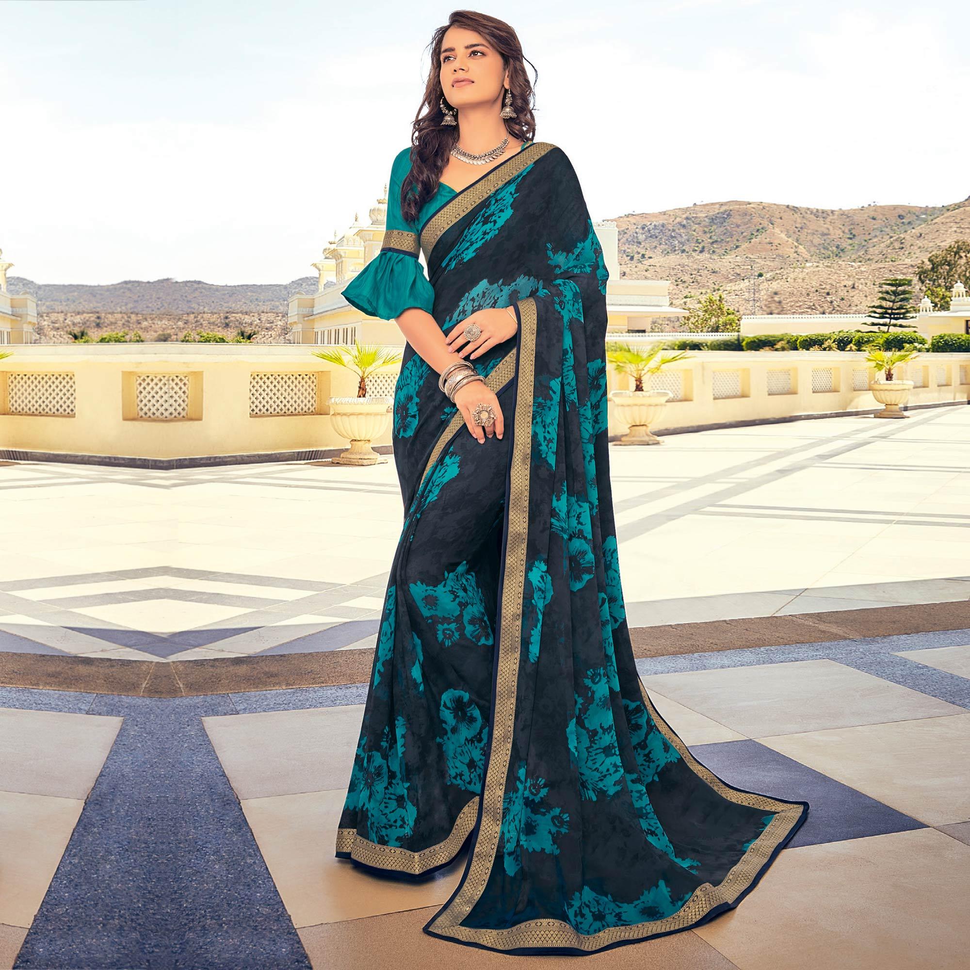 Dark Blue Casual Wear Printed Georgette Saree With Border - Peachmode