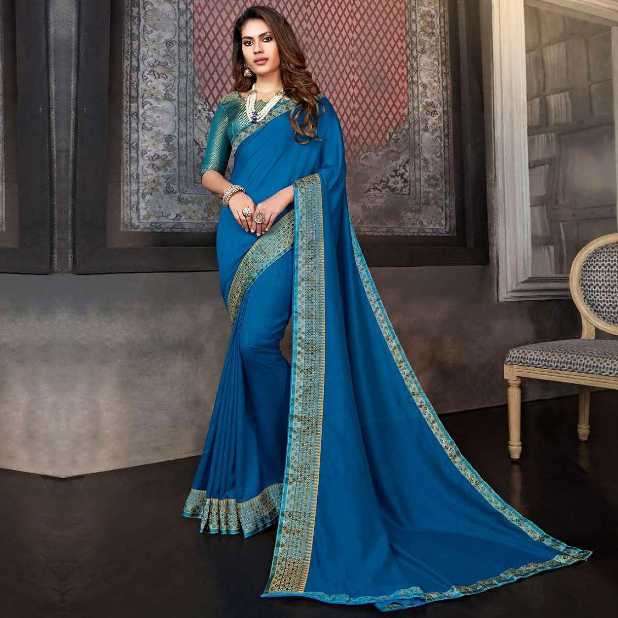 Dark Blue Casual Wear Solid Silk Saree With Border - Peachmode