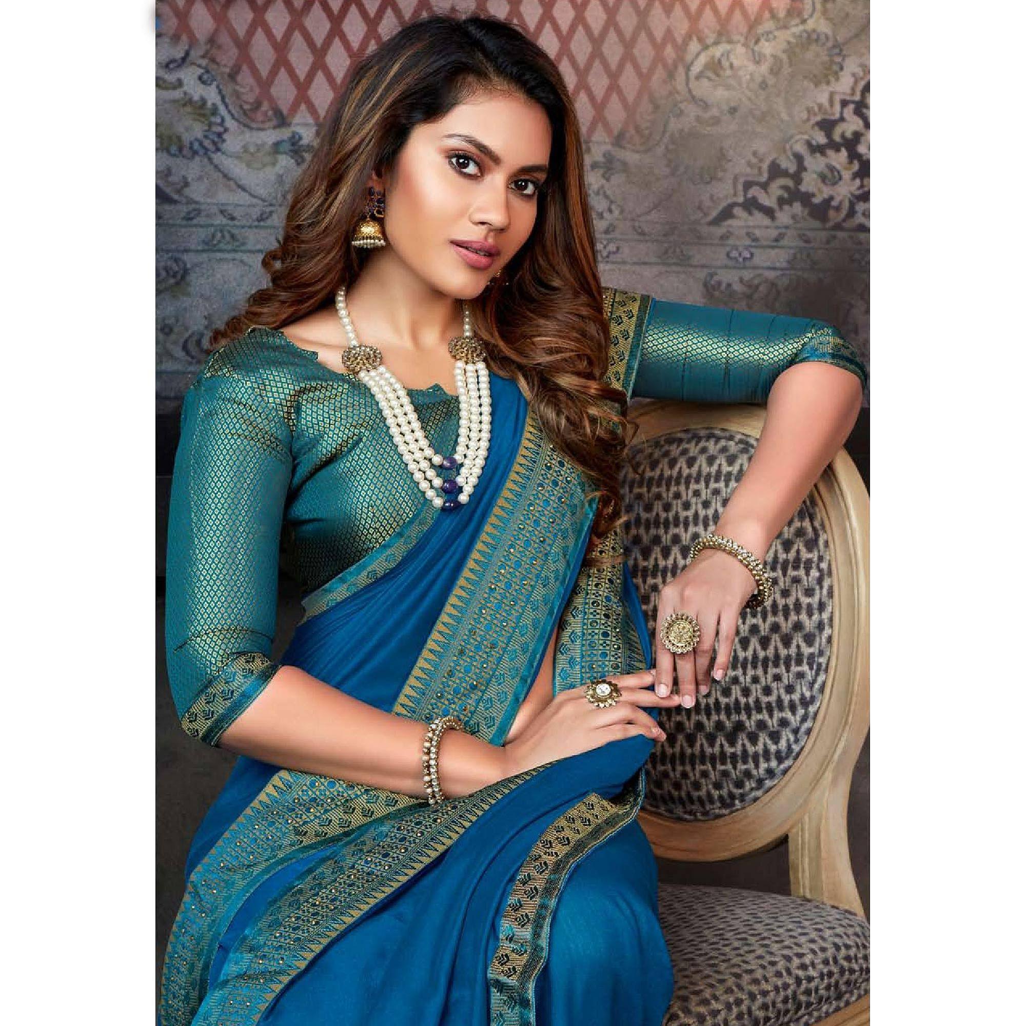 Dark Blue Casual Wear Solid Silk Saree With Border - Peachmode