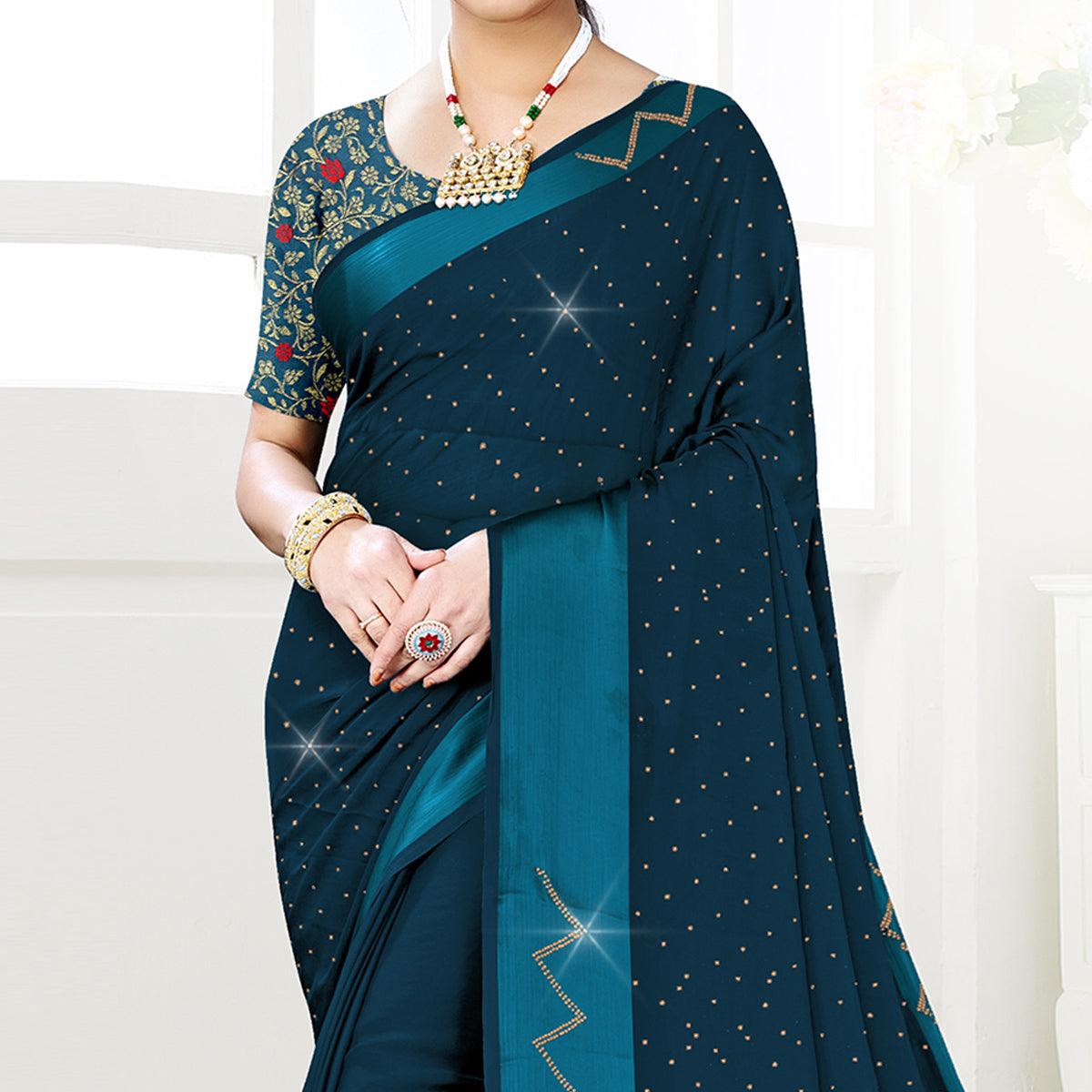 Dark Blue Festive Wear Diamond And Swarovski Soft Chiffon-Satin Saree - Peachmode