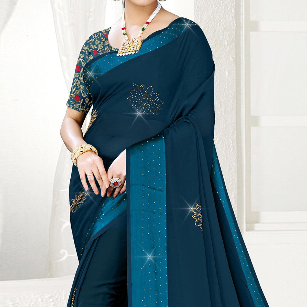 Dark Blue Festive Wear Diamond And Swarovski Soft Chiffon-Satin Saree - Peachmode