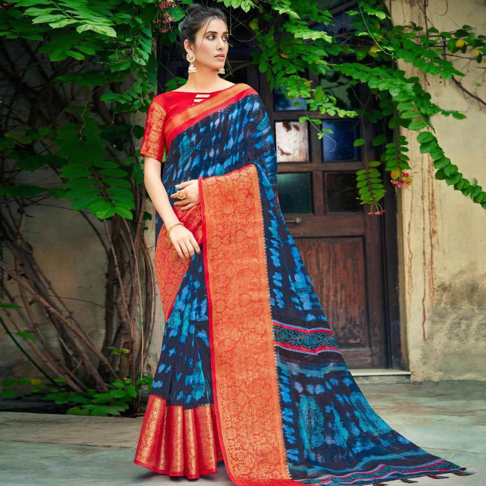 Dark Blue Festive Wear Printed Cotton Silk Saree With Woven Border - Peachmode