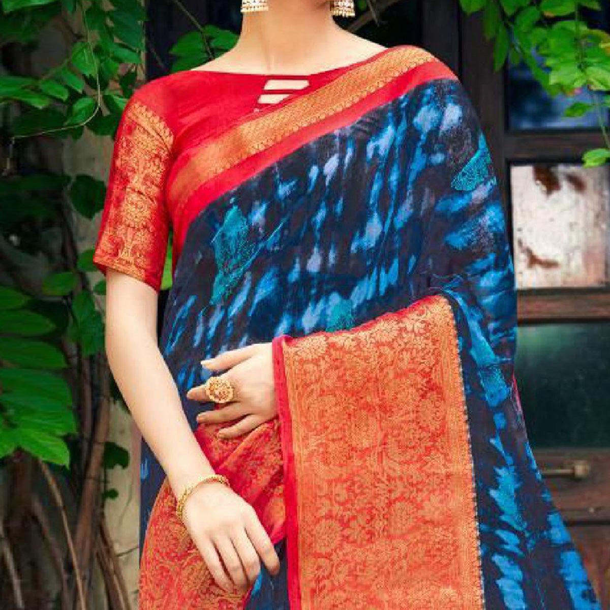 Dark Blue Festive Wear Printed Cotton Silk Saree With Woven Border - Peachmode