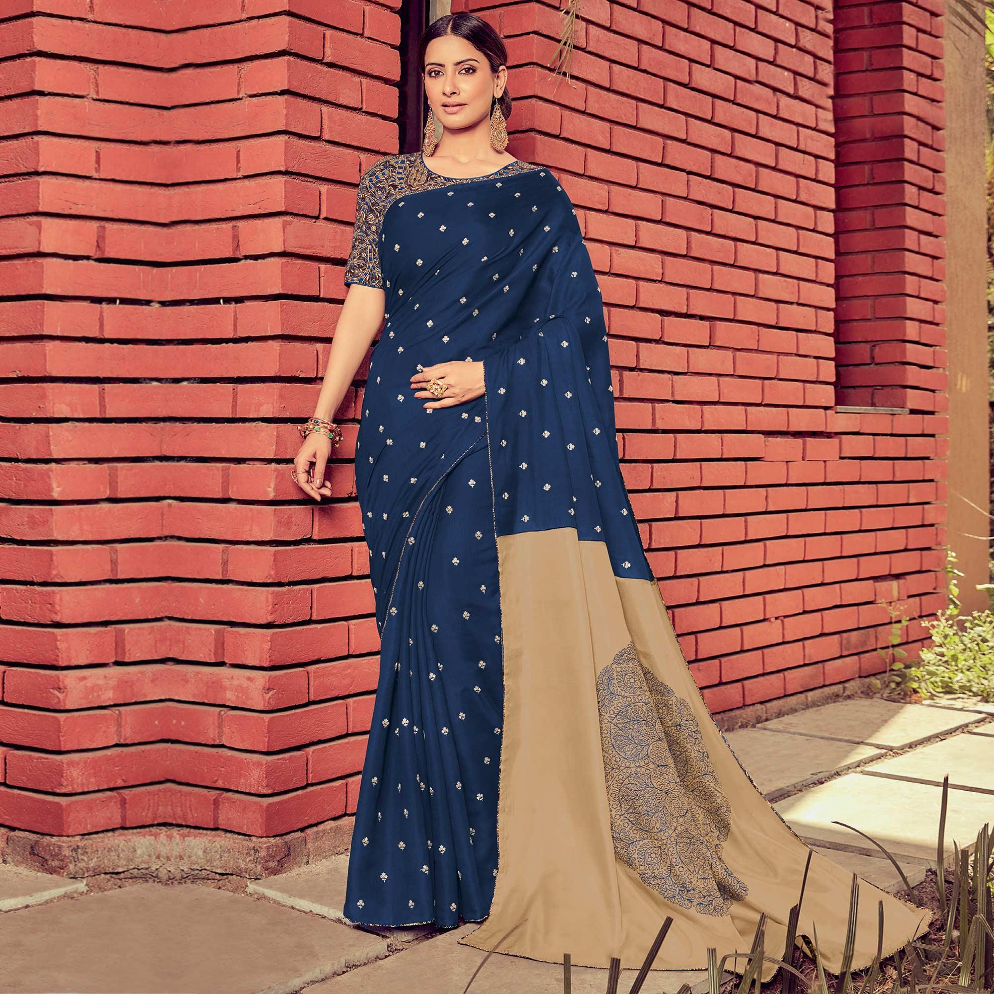 Dark Blue Festive Wear Solid Tussar Silk Saree With Border - Peachmode