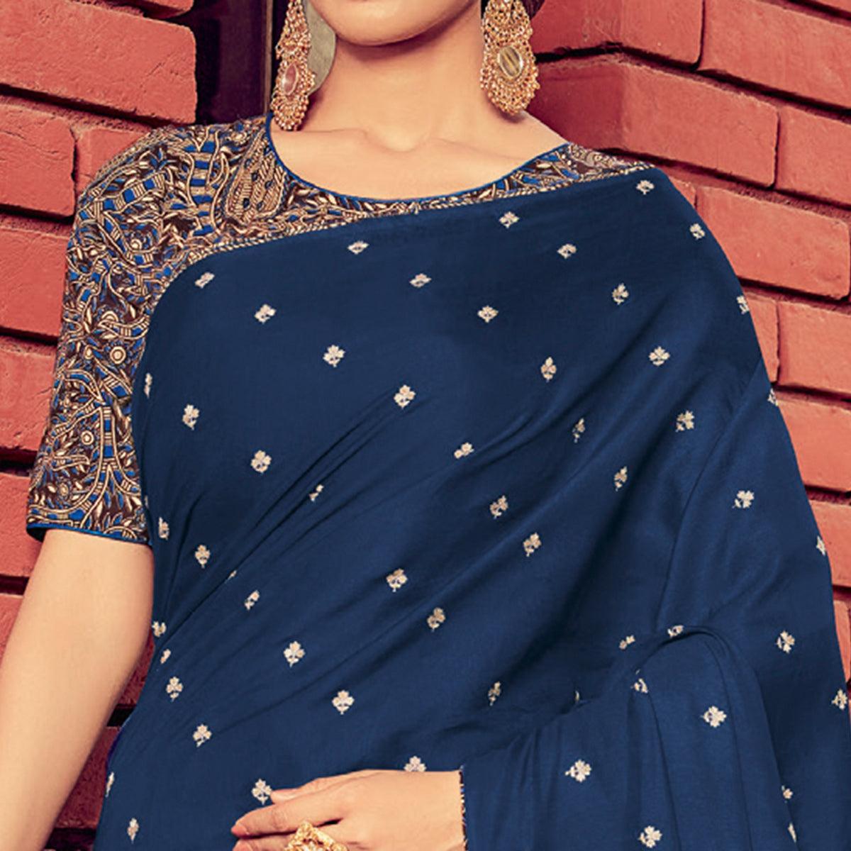 Dark Blue Festive Wear Solid Tussar Silk Saree With Border - Peachmode