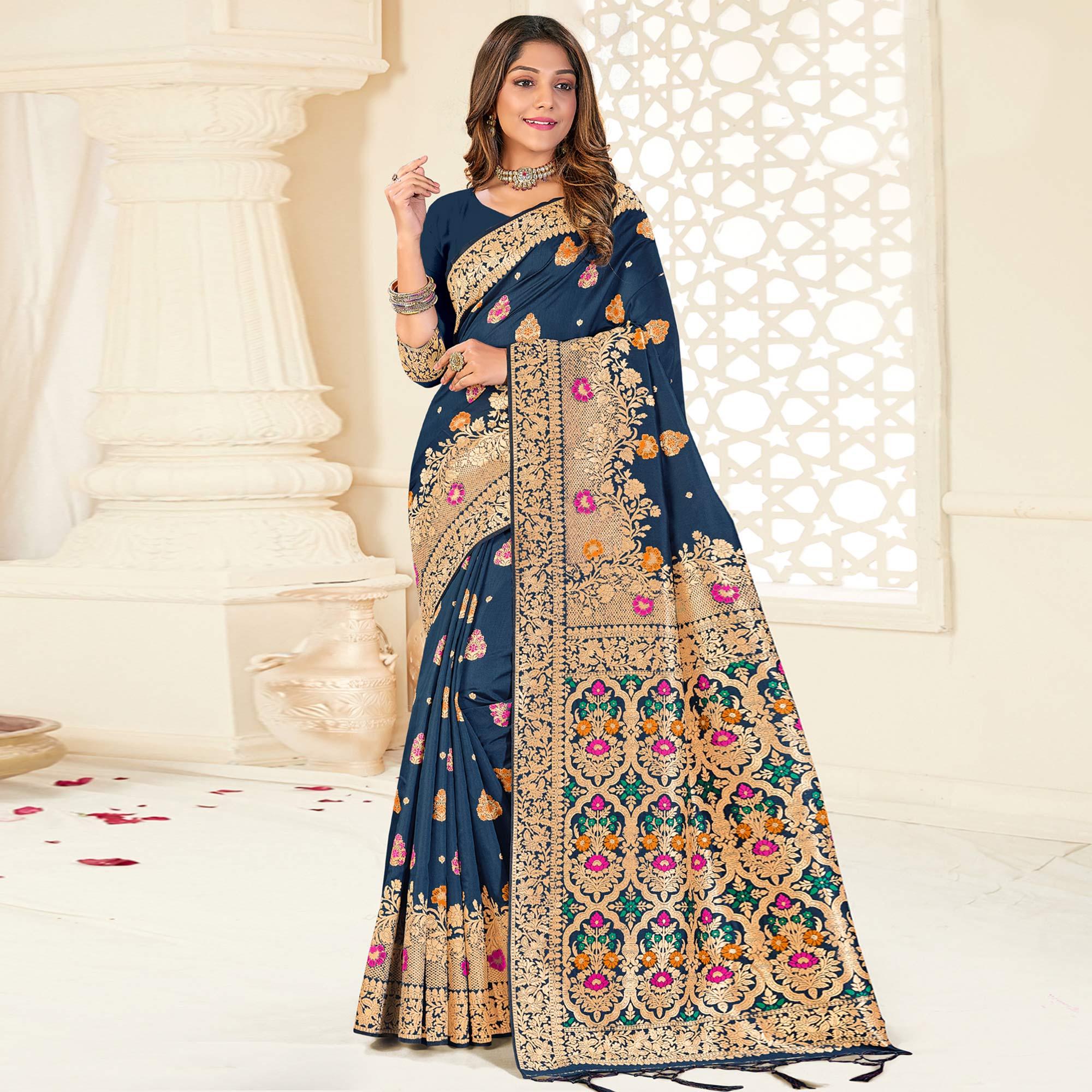 Dark Blue Festive Wear Woven Jari Border Soft Silk Saree - Peachmode