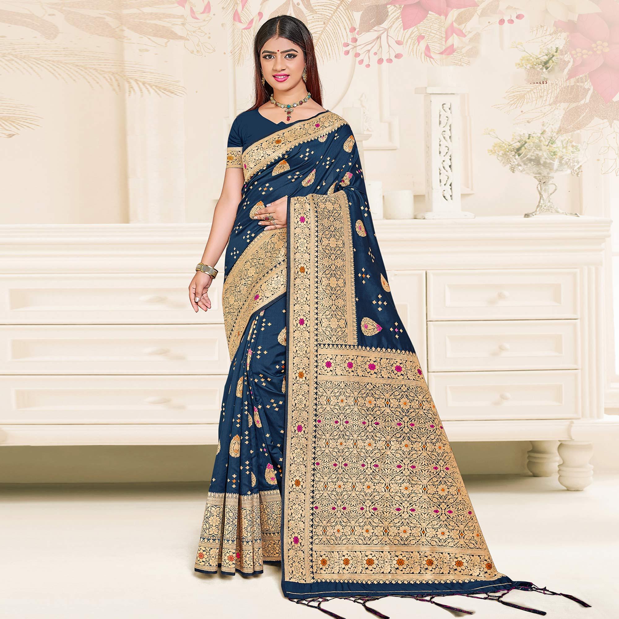 Dark Blue Festive Wear Woven Jari Border Soft Silk Saree - Peachmode
