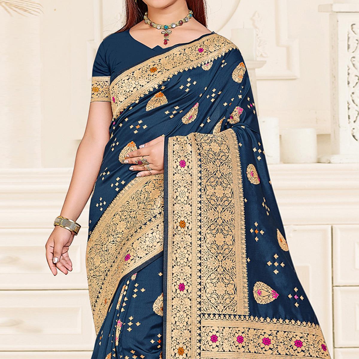 Dark Blue Festive Wear Woven Jari Border Soft Silk Saree - Peachmode