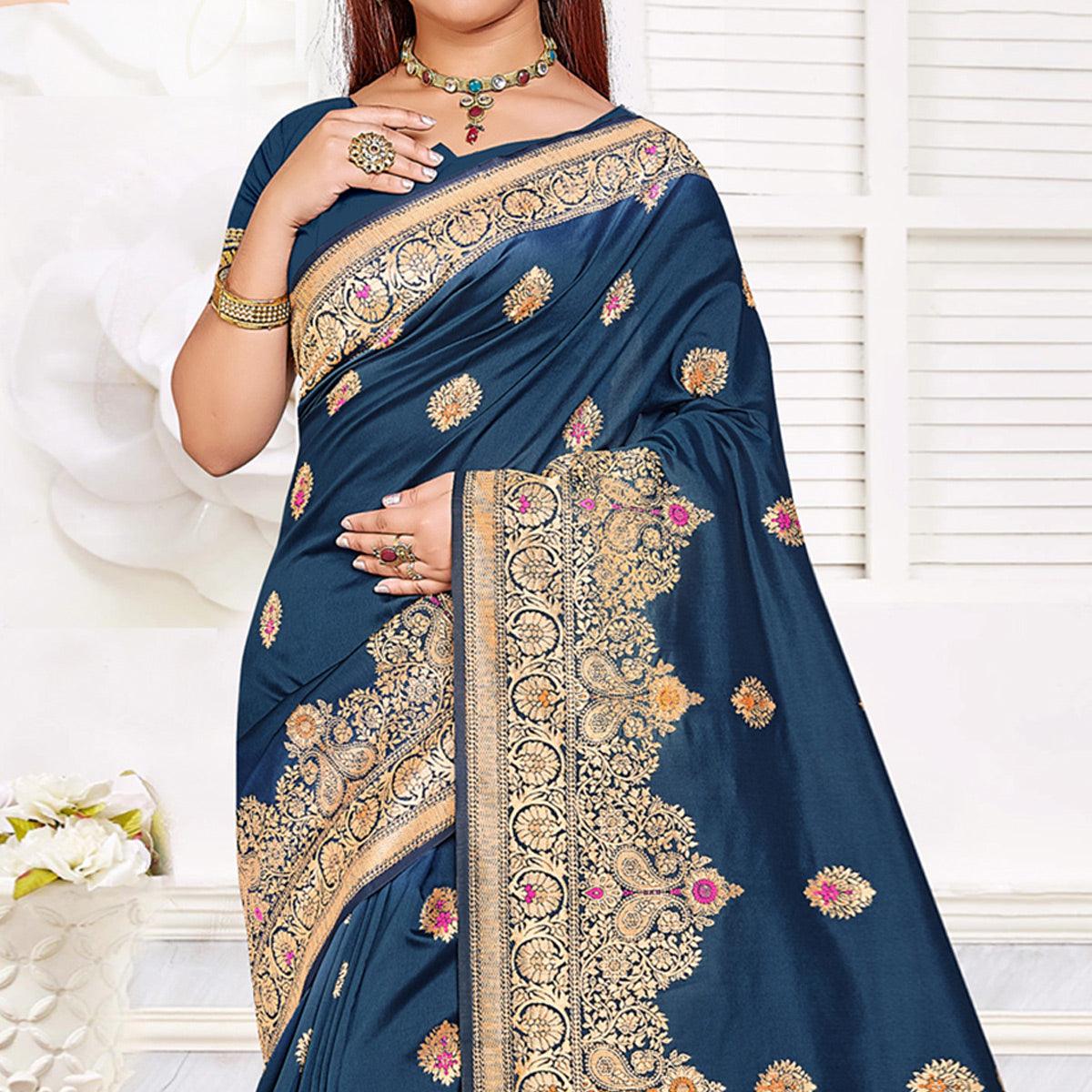 Dark Blue Festive Wear Woven Jari Border Soft Silk Saree - Peachmode