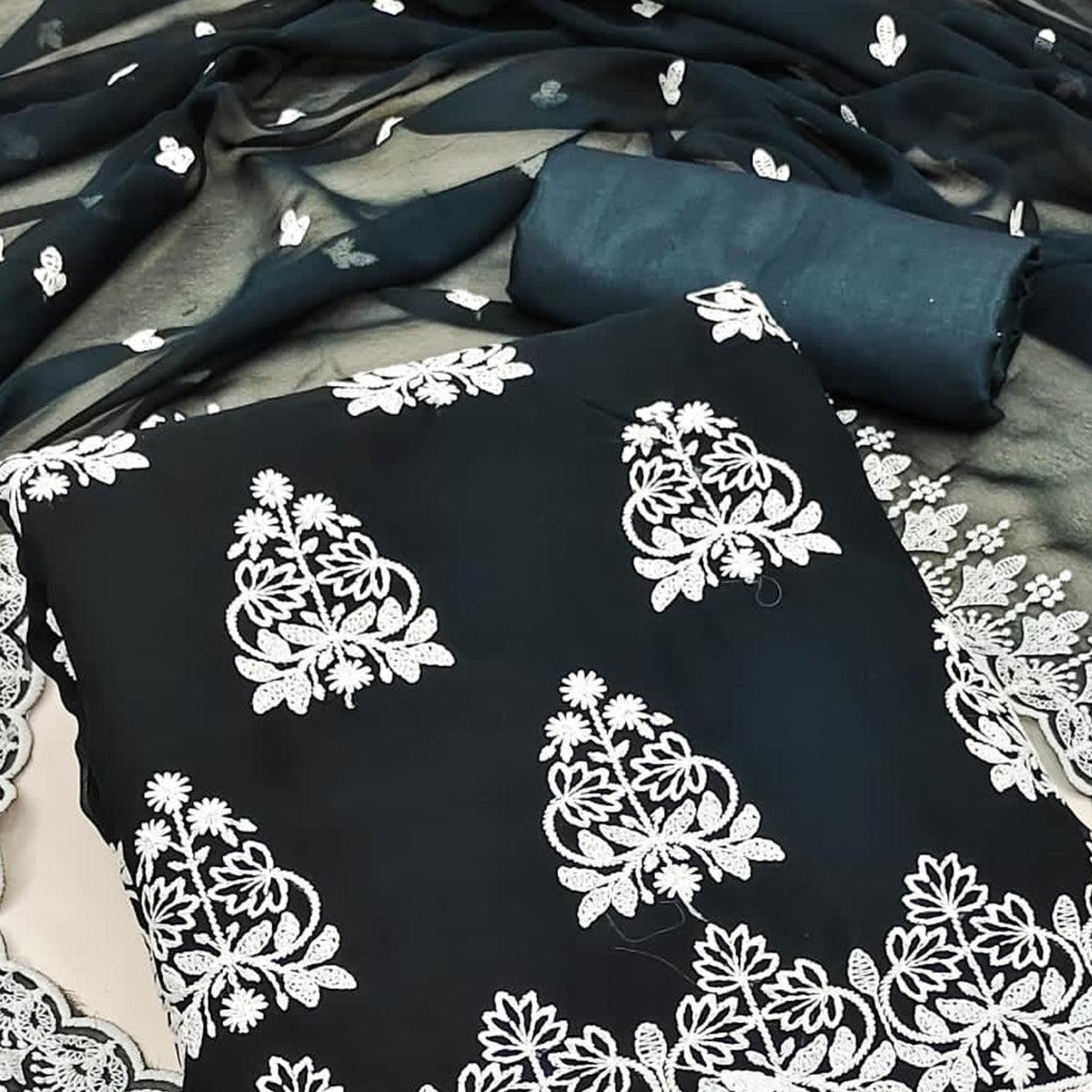 Dark Blue Floral Embroidered Georgette Dress Material - Peachmode