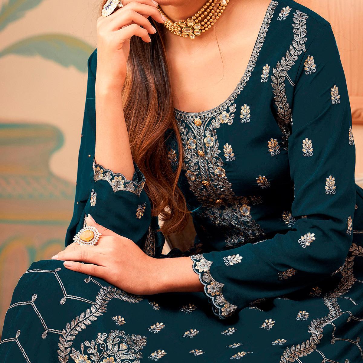 Dark Blue Floral Embroidery Designer Georgette Partywear Suit - Peachmode