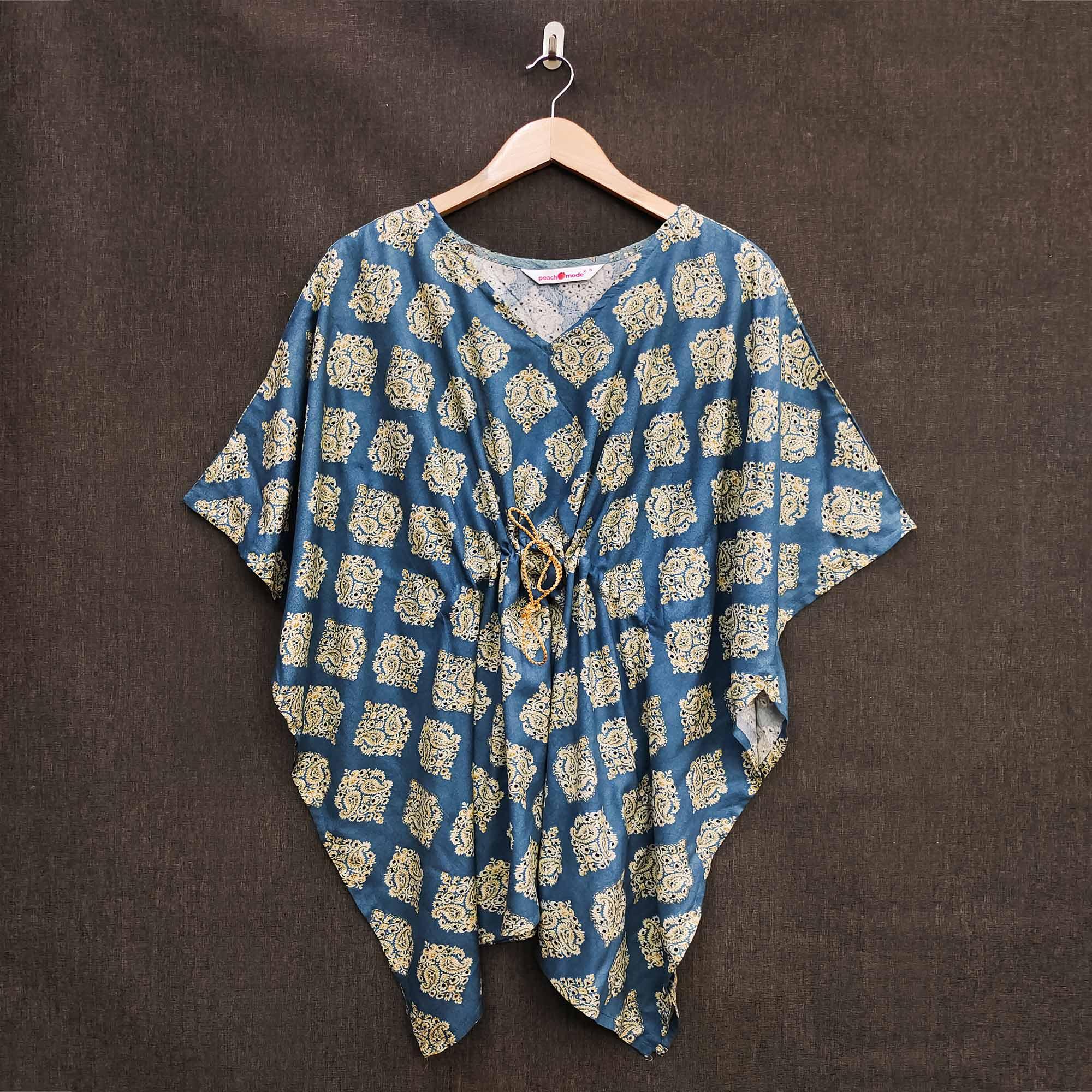 Dark Blue Foil Printed Rayon Kaftan Top - Peachmode