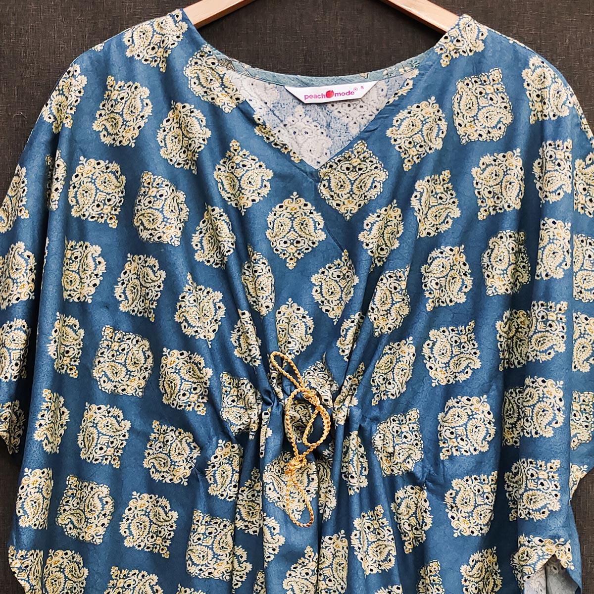 Dark Blue Foil Printed Rayon Kaftan Top - Peachmode