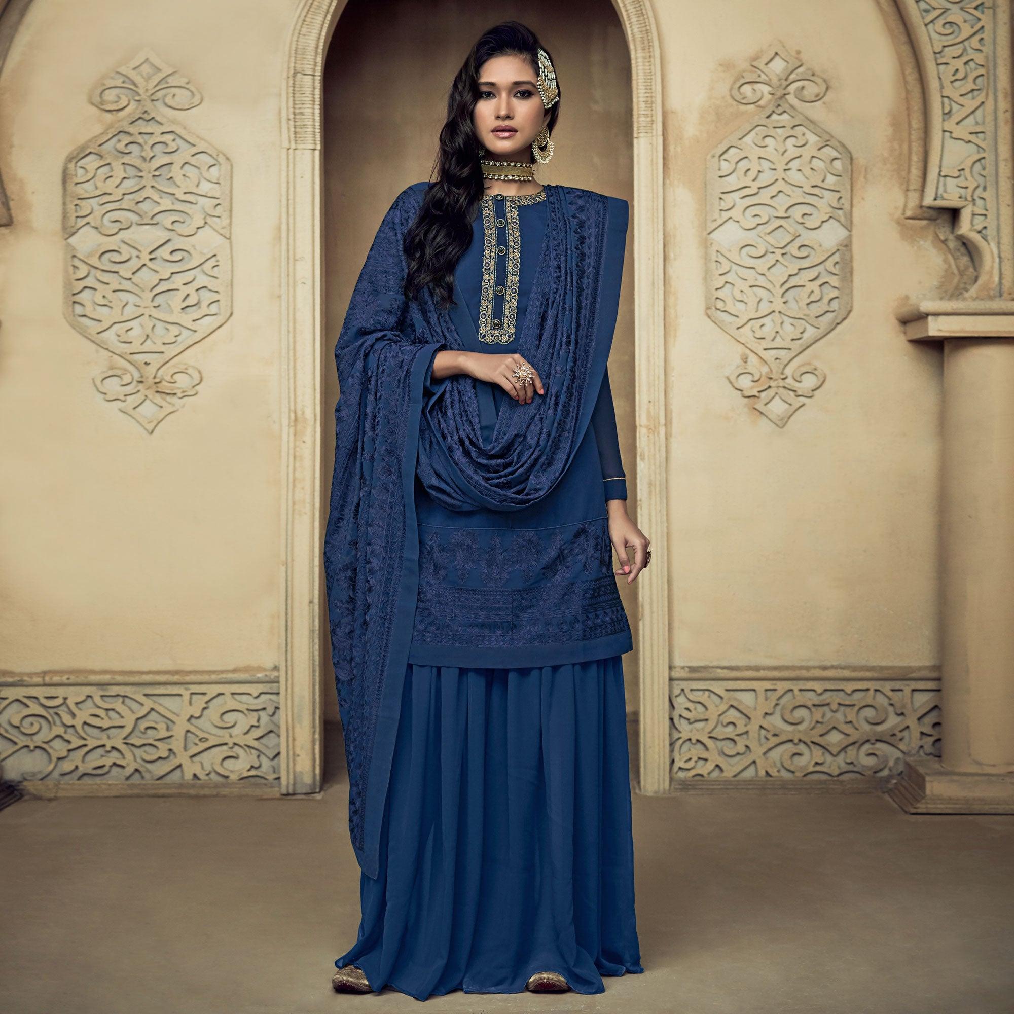 Dark Blue Partywear Embroidered Heavy Georgette Sharara Suit - Peachmode
