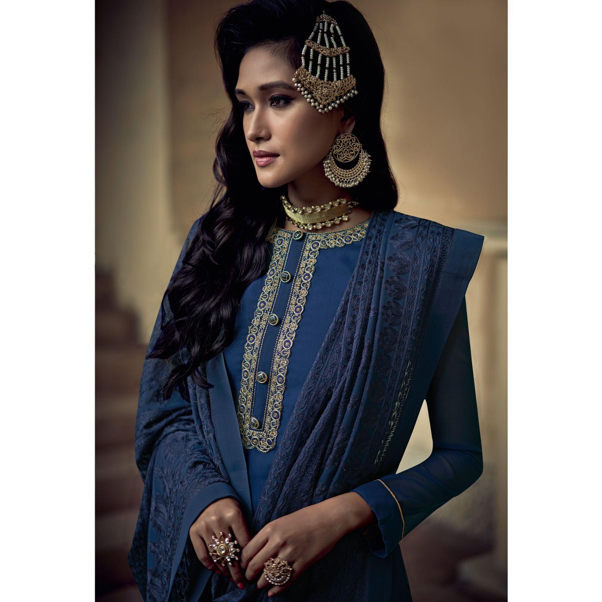 Dark Blue Partywear Embroidered Heavy Georgette Sharara Suit - Peachmode