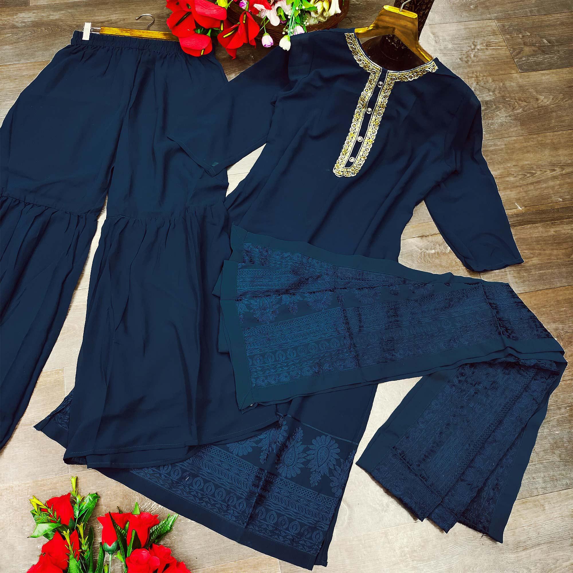 Dark Blue Partywear Embroidered Heavy Georgette Sharara Suit - Peachmode