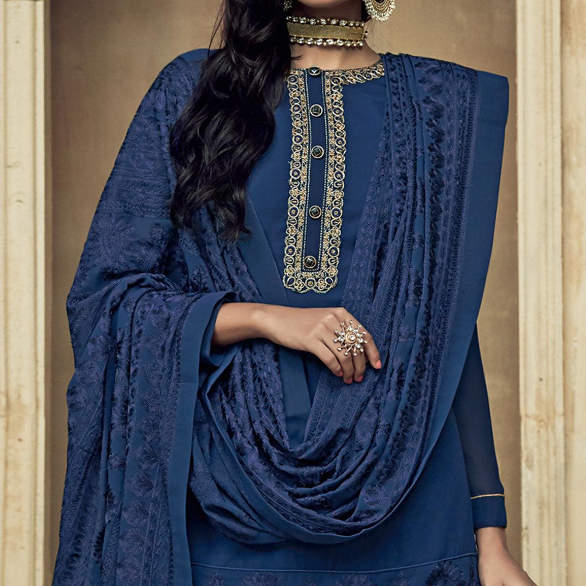 Dark Blue Partywear Embroidered Heavy Georgette Sharara Suit - Peachmode