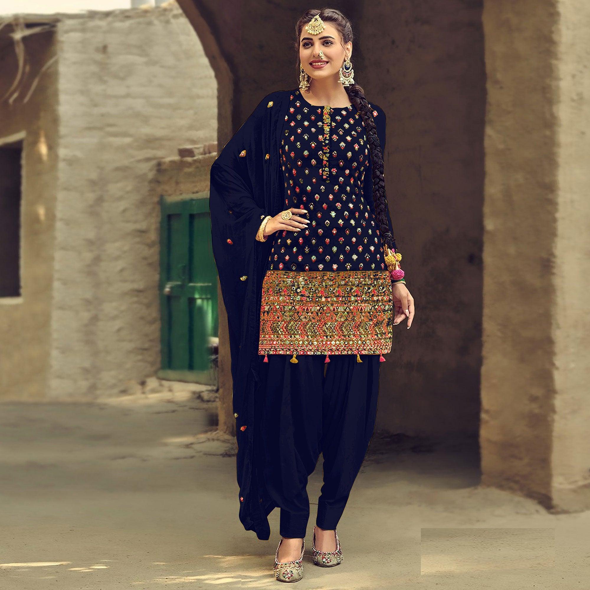 Dark Blue Partywear Embroidered with Sequence Work Heavy Faux Georgette Patiala Suit - Peachmode