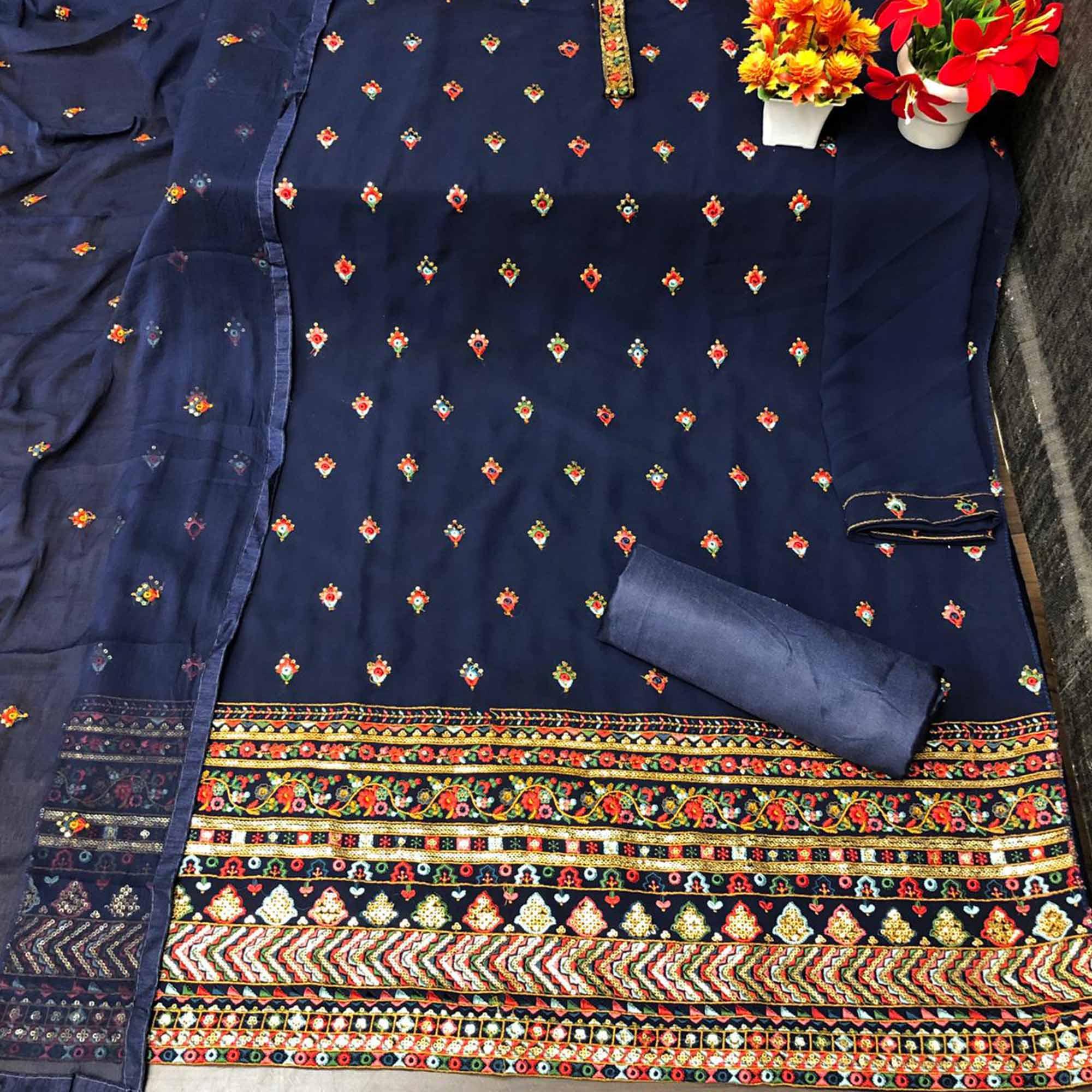 Dark Blue Partywear Embroidered with Sequence Work Heavy Faux Georgette Patiala Suit - Peachmode