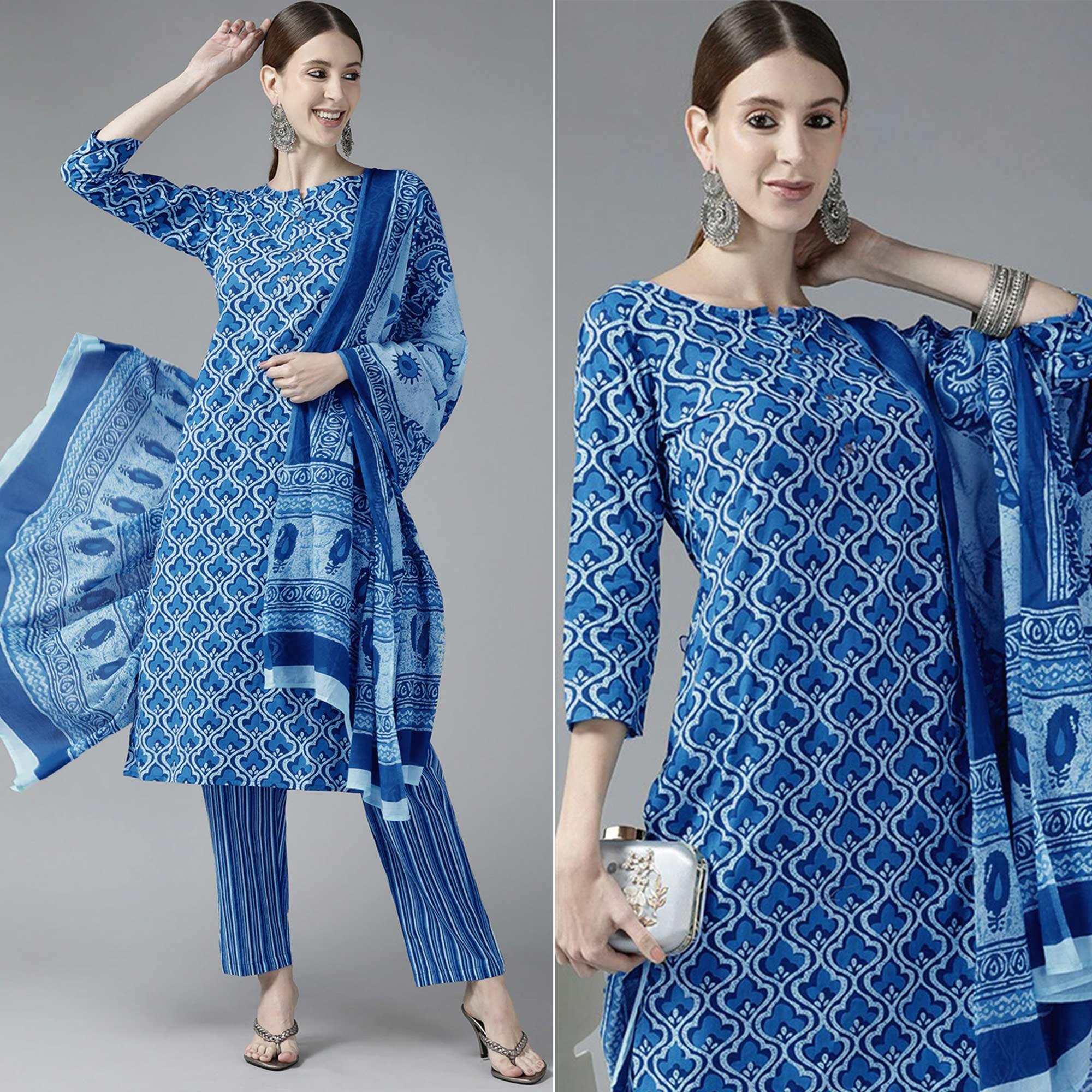 Dark Blue Printed Pure Cotton Kurti Pant Set with Dupatta - Peachmode