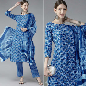Dark Blue Printed Pure Cotton Kurti Pant Set with Dupatta - Peachmode