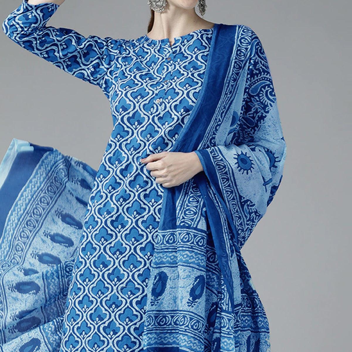 Dark Blue Printed Pure Cotton Kurti Pant Set with Dupatta - Peachmode