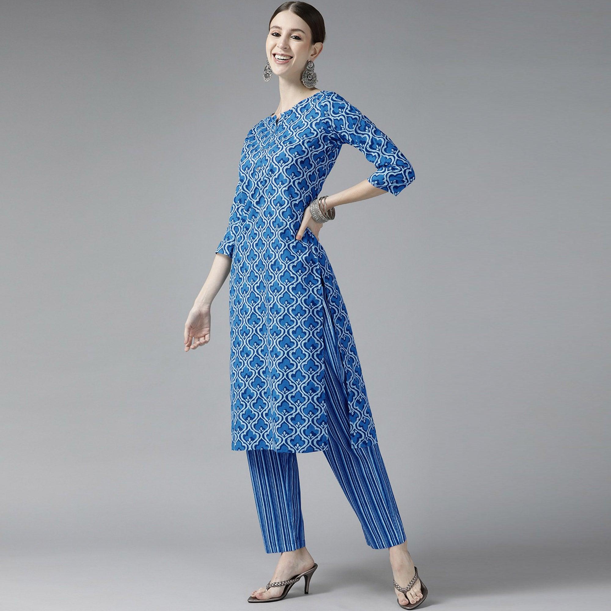 Dark Blue Printed Pure Cotton Kurti Pant Set with Dupatta - Peachmode