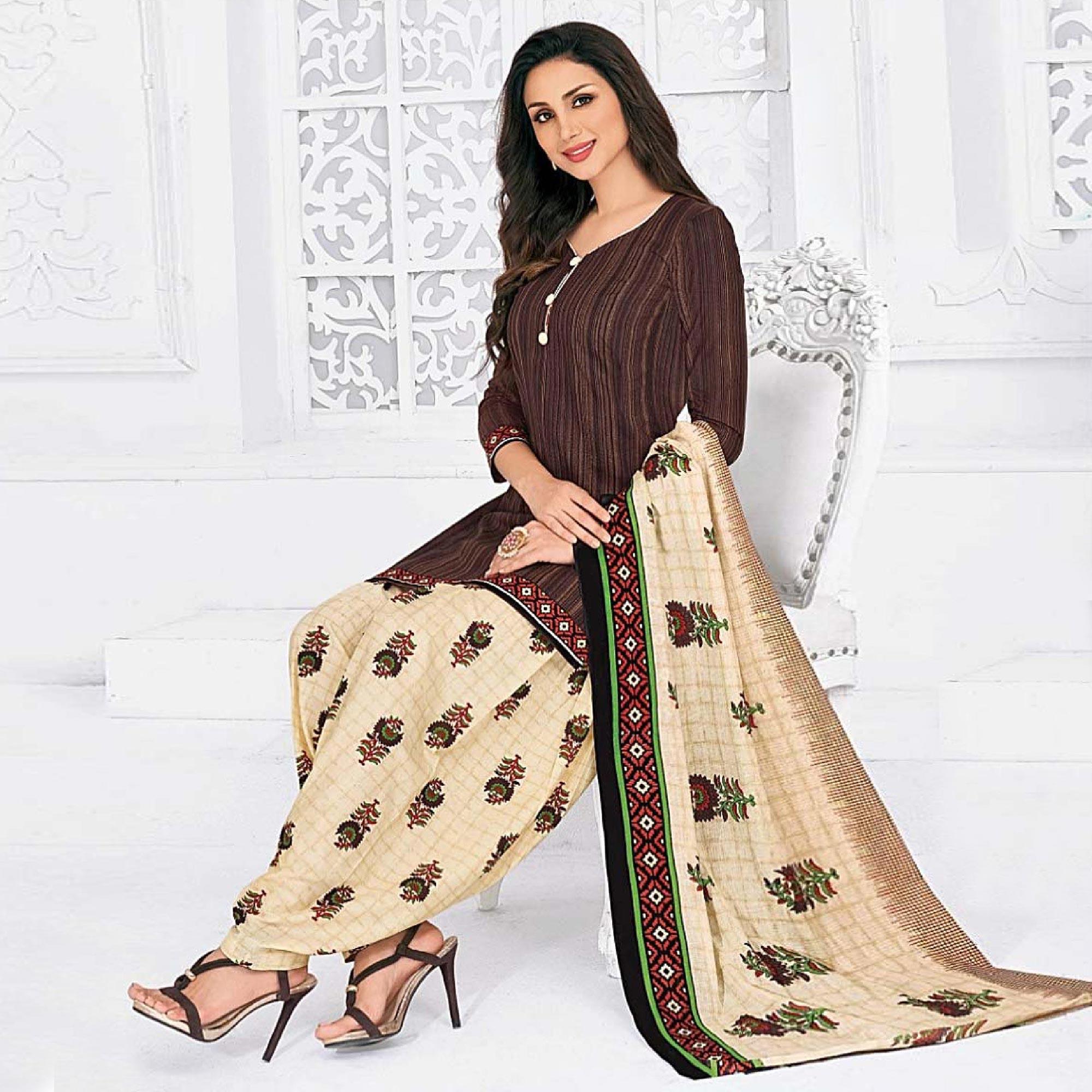 Dark Brown Casual Wear Printed Cotton Dress Material - Peachmode