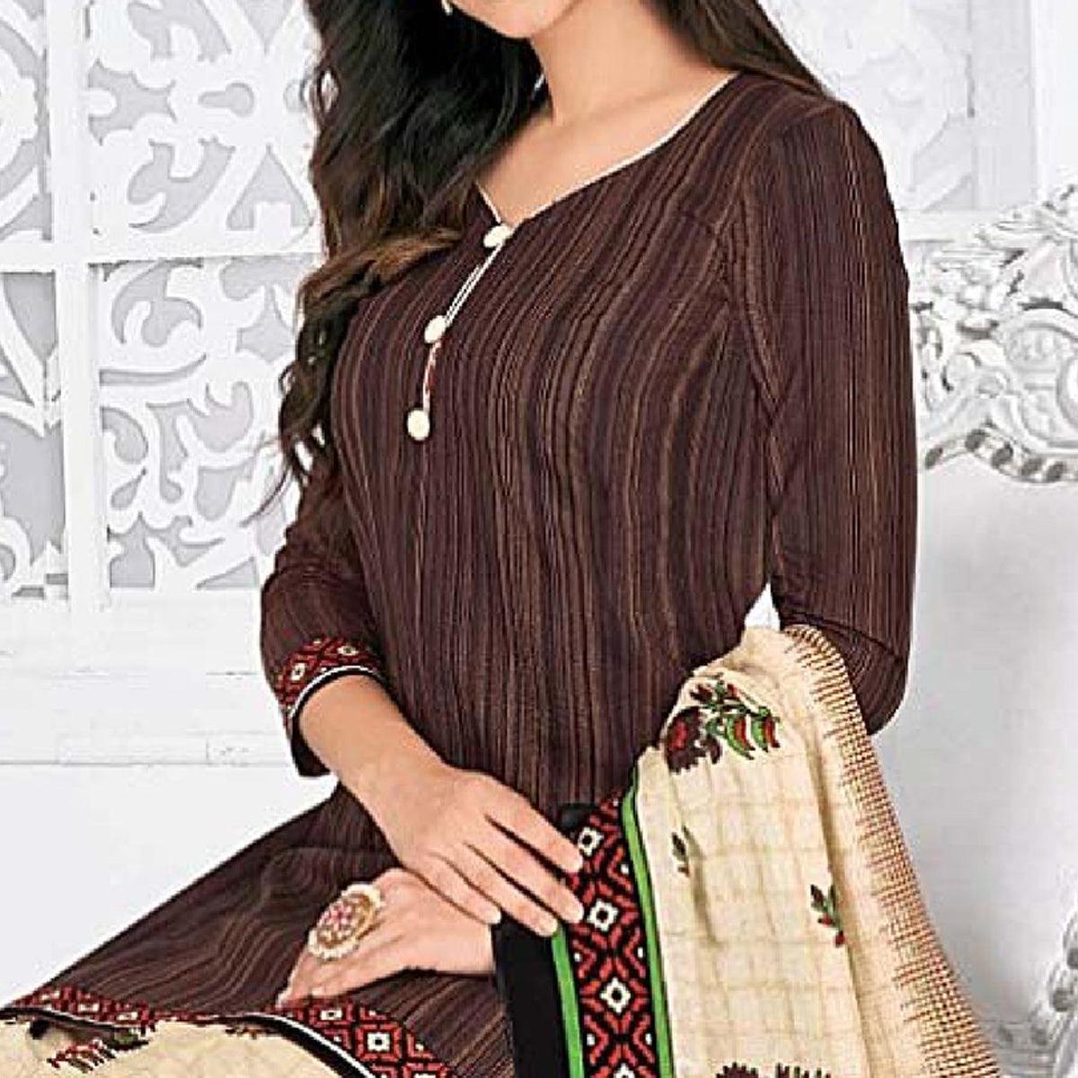 Dark Brown Casual Wear Printed Cotton Dress Material - Peachmode