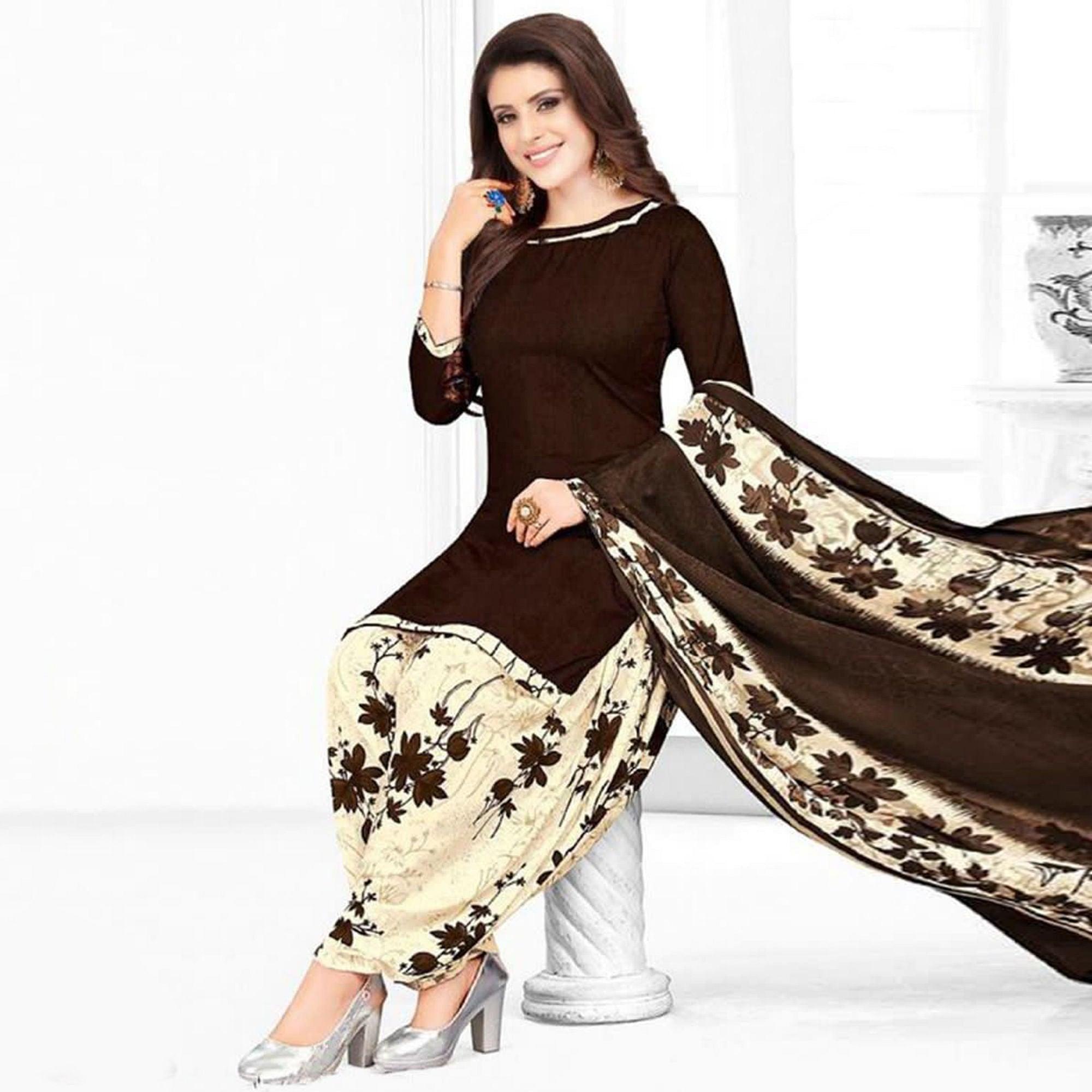 Dark Brown Casual Wear Printed Leon Patiala Dress Material - Peachmode
