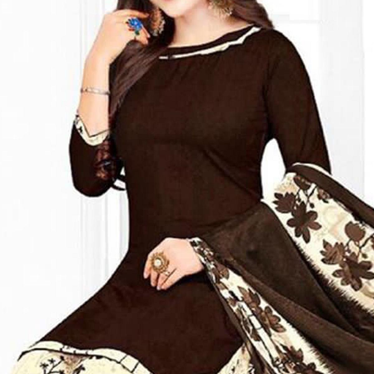 Dark Brown Casual Wear Printed Leon Patiala Dress Material - Peachmode